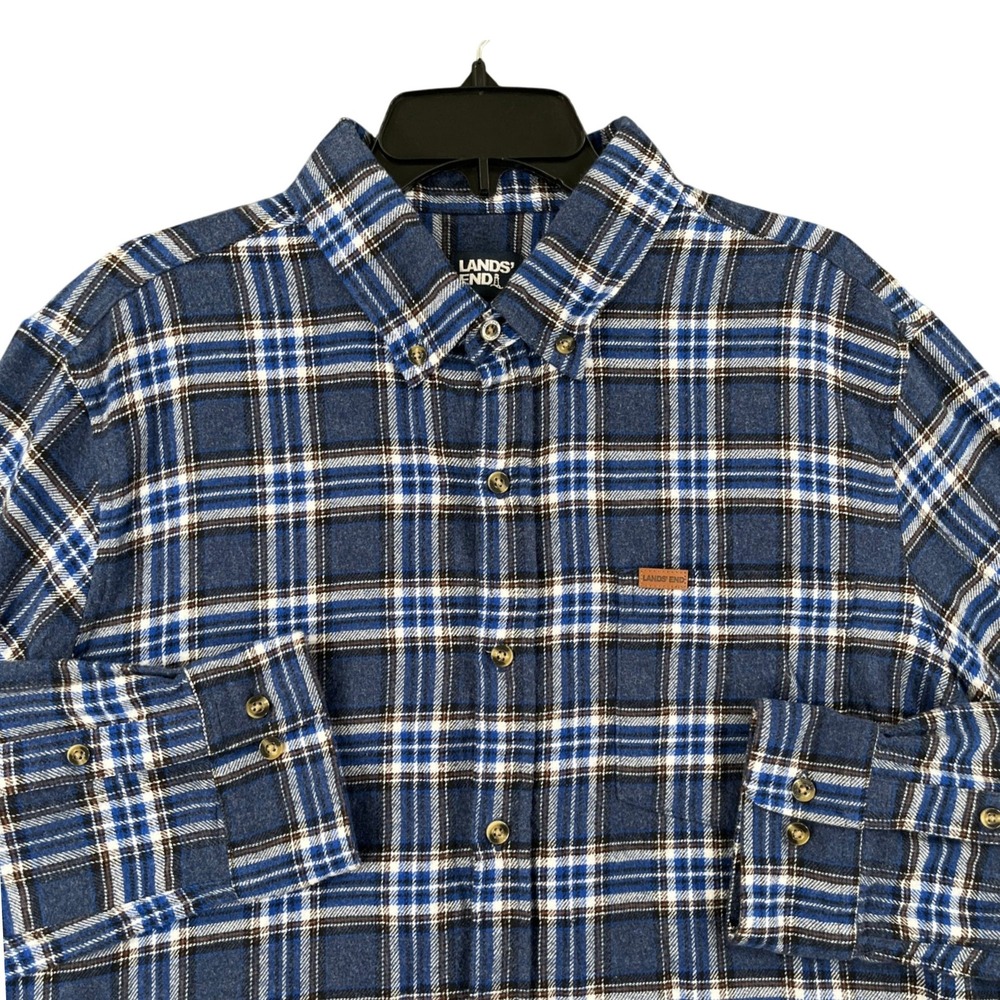 Lands End Flannel Shirt Mens XL Blue Plaid Cotton Button Down Long Sleeve